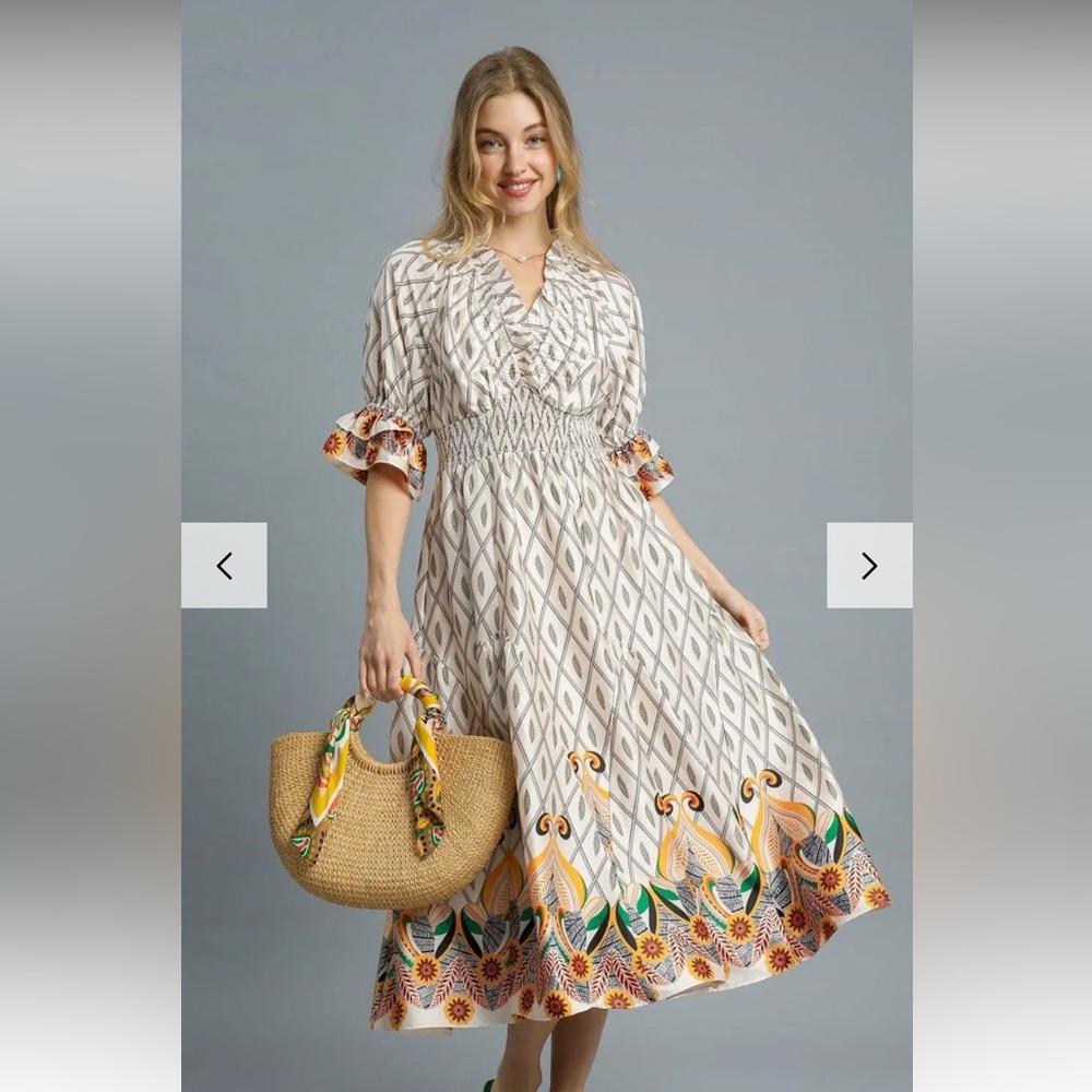 Umgee Printed Smocked Waist Flounce Sleeve Midi Dress